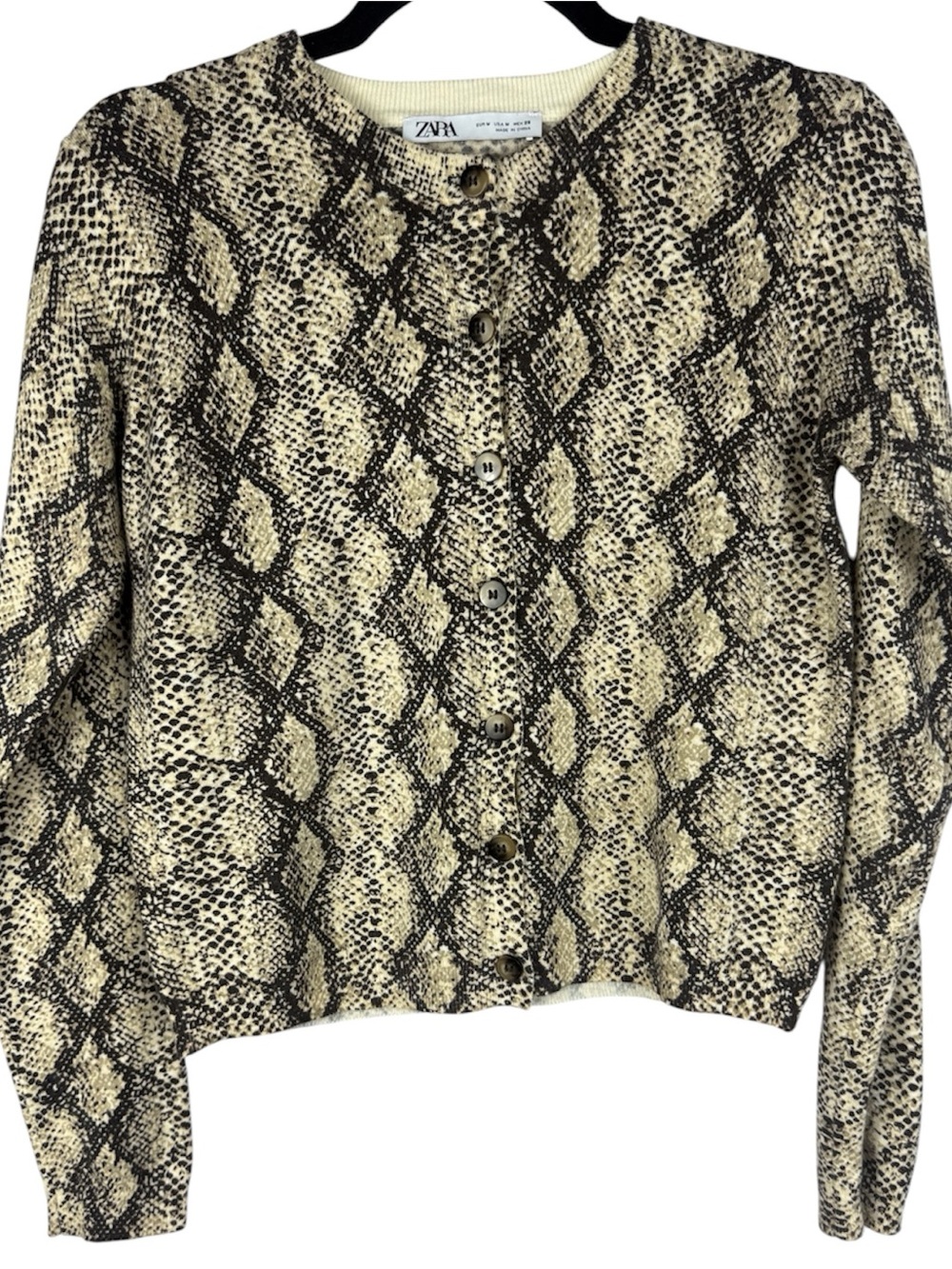 ZARA Snakeskin Print Button Front Knit Cardigan Sweater Medium Beige Black